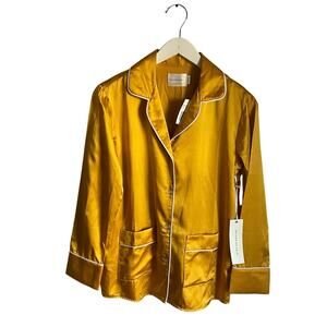 Maison Du Soir Gold Silk/Cotton Blend Button Down Pajama Top Blouse XS